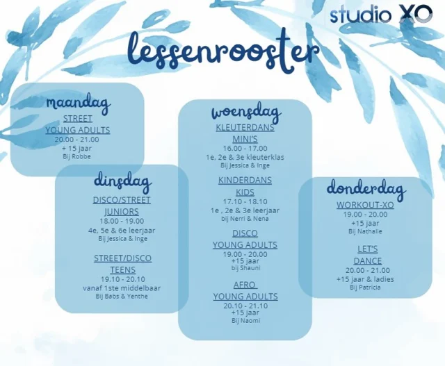 💙 studio-Xo is er alvast klaar voor 💙 
Check out: onze nieuwe lessenrooster 2024/2025 
We starten de 2 de week van september 
Kom zeker proberen deze week zijn het gratis proeflessen.
Tot dan!💙